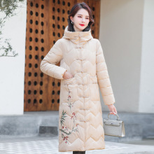 带拉链妈妈装绣花棉服女中长款宽松大码加绒棉衣中国风唐装冬棉袄