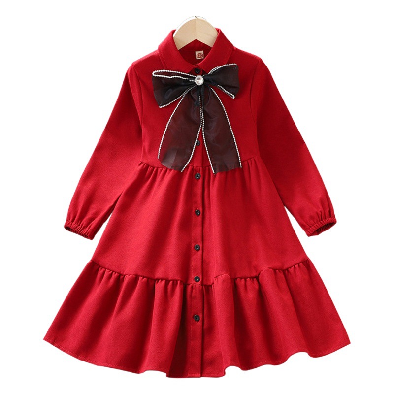 Vestido rojo para niñas primavera nuevos niños de moda de manga larga vestido de princesa coreana Vestido de primavera y otoño para niñas de estilo occidental