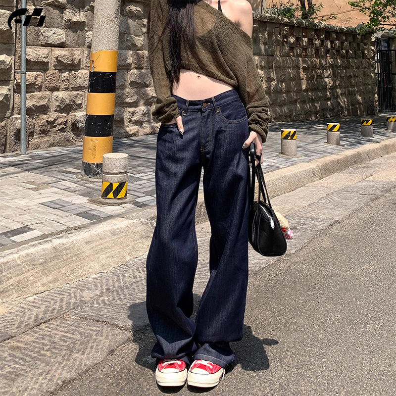 Original Color Low-Waist Tencel Jeans for Women, Summer Thin Style, 2025 New American-Style Loose and Relaxed Dark Blue Straight Pants