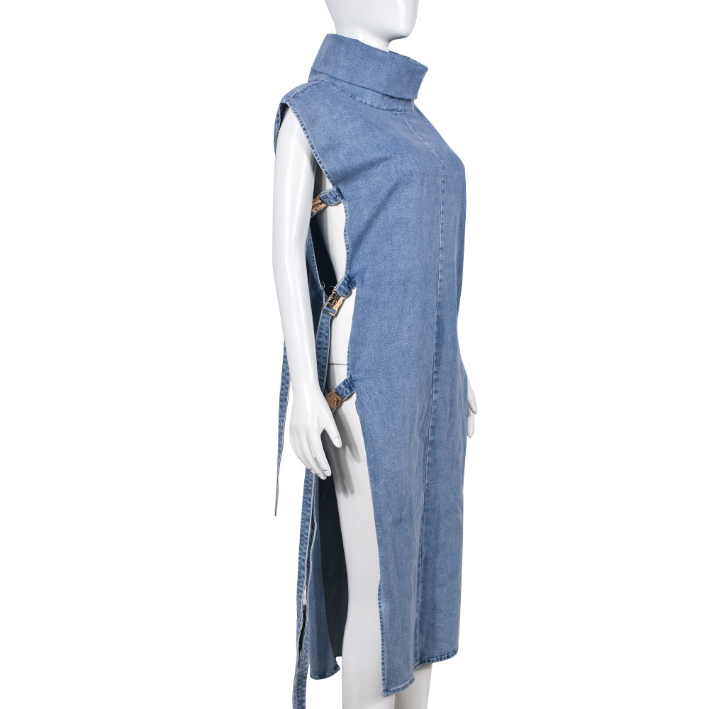 Denim Dress Sexy Cutout Washed Turtleneck Dress Women