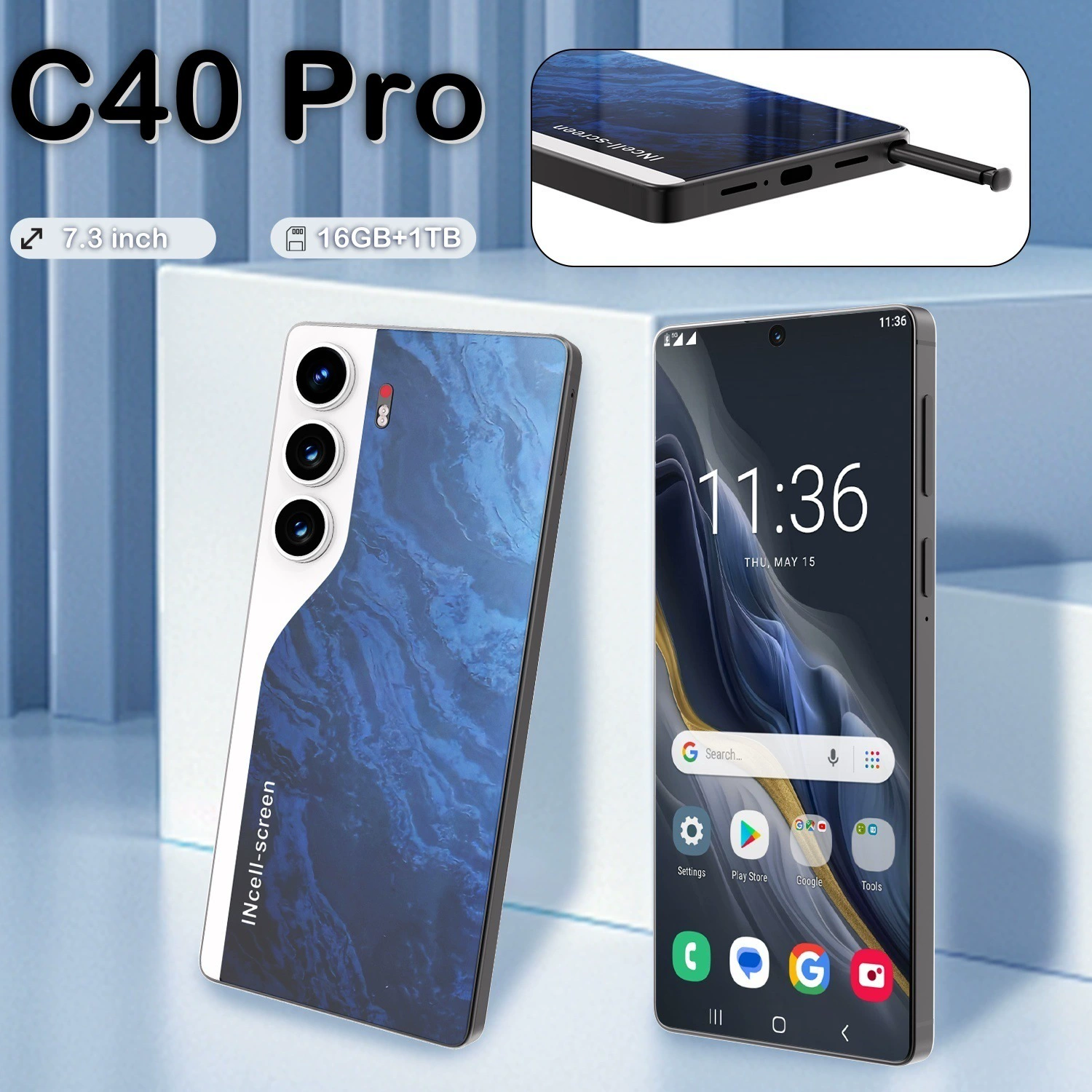 Умные часы, большой мобильный телефон, (международная торговля), C40, Android, 7.3 дюйма, широкий экран, wish