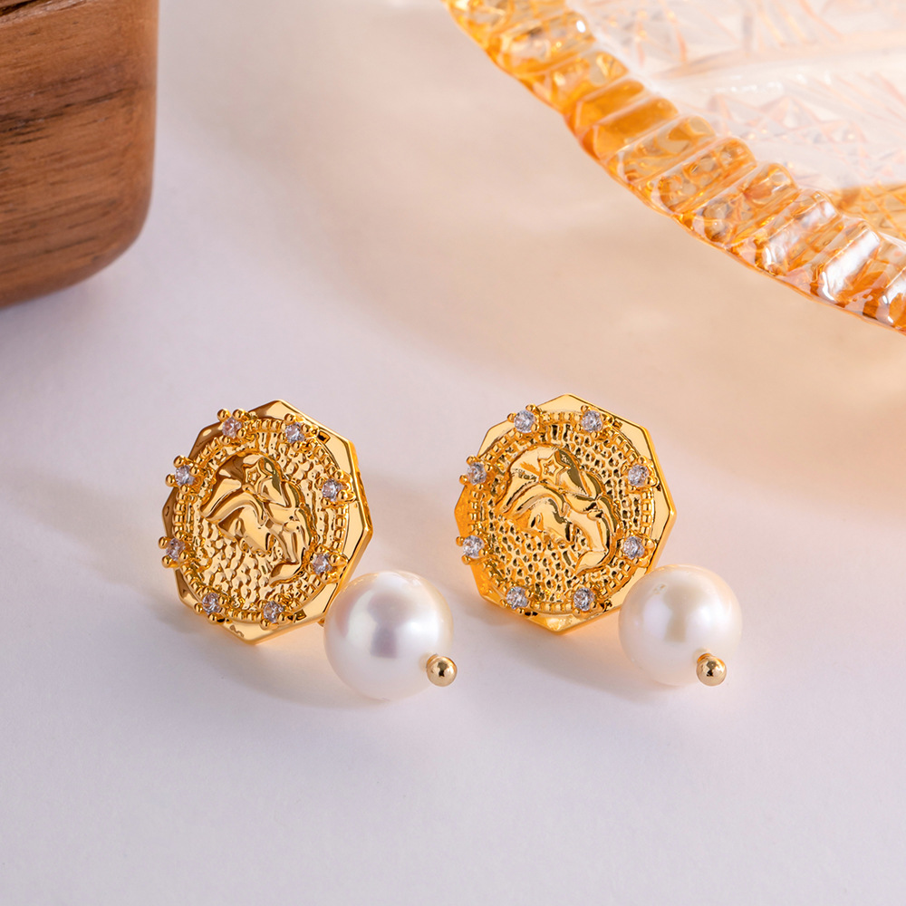 Retro Geometric Copper Pearl Rhinestones Earrings 1 Pair