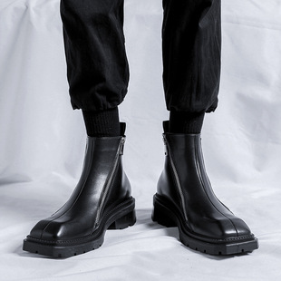 Chelsea Boots Square Toe Shoes British Style Black Mid-Top Ankle Boots Double-Side Zipper Martin Boots Trend 4512-R