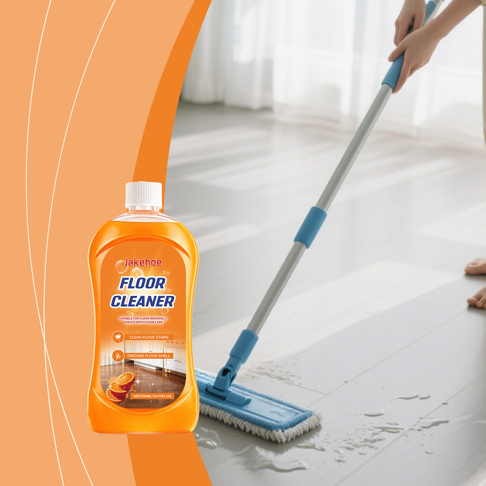 Jakehoe Household Floor Cleaner, Orange-Scented, Fresh and Mild Formula, Suitable for a Variety of Common Floor Materials
