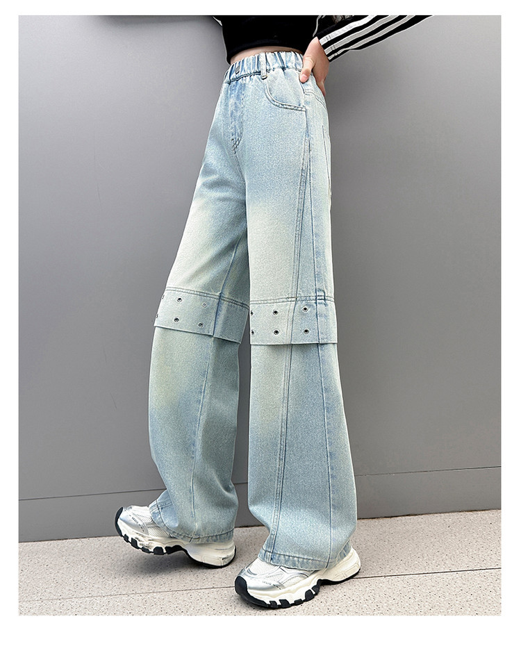 "Distressed Denim Wide-Leg Jeans For Girls Raw Hem Detail, Mid-Rise Stretch Waist, Comfortable Cotton Blend (120cm, 130cm, 140cm, 150cm, 160cm 170cm)_voghion.com