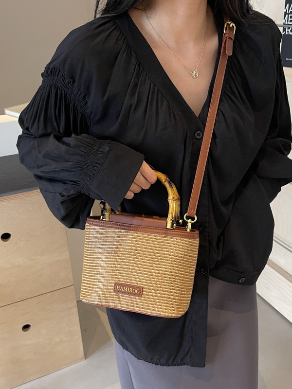 Bolso de mano de bambú para mujeres 2025 nuevo verano bolso de balde de vaquín coreano bolso de hombro mochila de moda
