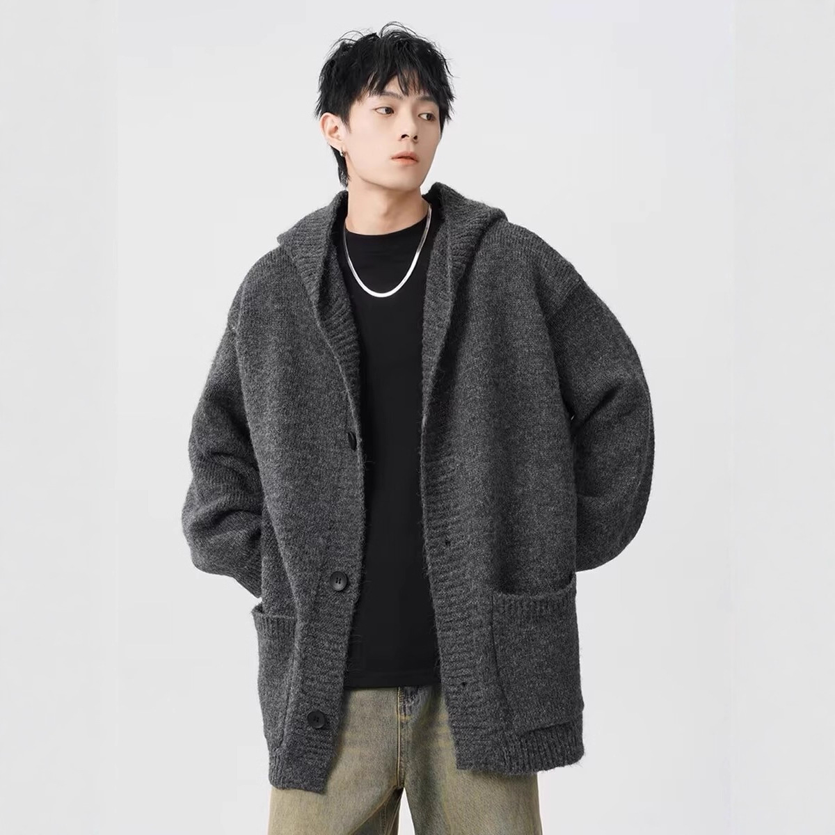 Cleanfit Gray Cardigan Jacket Men's Autumn and Winter Trendy Brand Loose Lazy Style Knitwear Hoodie Top