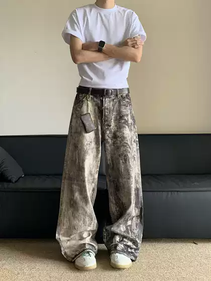 American 3D Digital Camouflage Printed Denim Pants Men's Spring and Summer New Old Low Waist Wide Leg Casual Long Pants