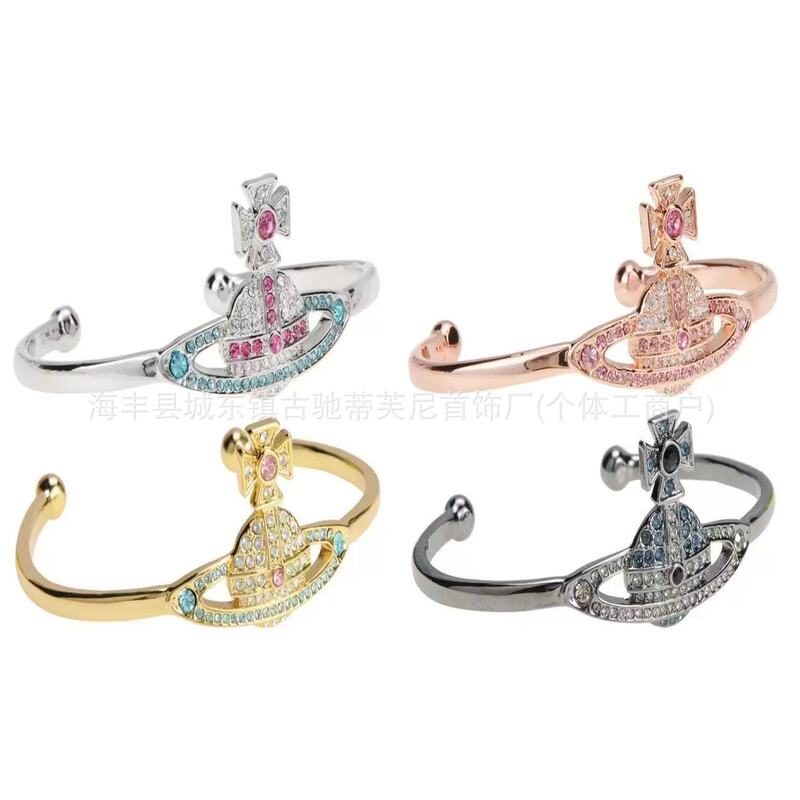 High Version of Queen Mother Vivian Xi S925 Sterling Silver Colored Diamond Kika Series Logo Saturn Open Bracelet Bracelet for Women