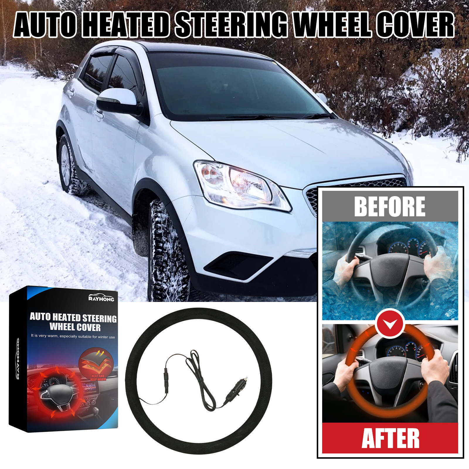 Rayhong Heated Car Handlebar Cover Universal Steering Wheel Cover Steering Wheel Hand Warmer Quick Heating Protective Cover