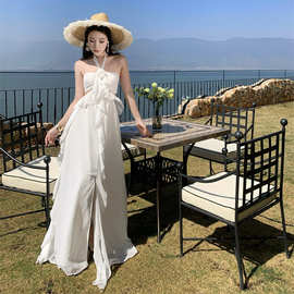 法式绝美荷叶边雪纺吊带连衣裙夏季三亚超仙露腰抹胸度假长裙子女