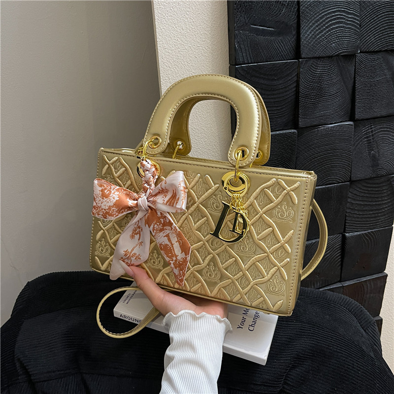 Popular Women's Bag, Patent Leather with Heavy Embroidery, Single Shoulder Crossbody Horizontal Version, Lady Dior Style, Stylish Silk Scarf, Small Handbag