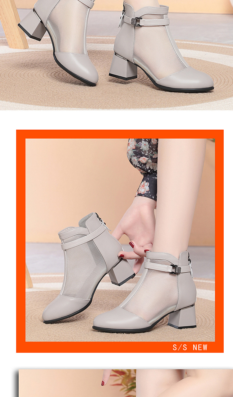 Boot nữ cổ thấp da lộn lưới gót vuông 6 cm — Xám gạo chi tiết 11