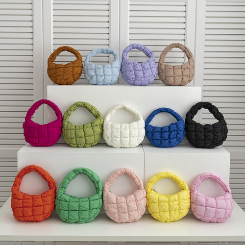 2024 new handbags for women, niche plaid down cotton bubble bags, fashionable handbags, Korean pleated cloud bags