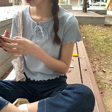 日系短款上衣女2024年夏季新款短袖T恤女木耳边设计感蝴蝶结