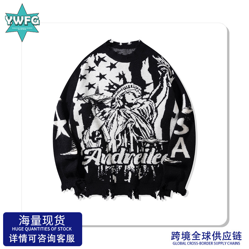 YWFG mujer americana retro bordes de lana 2024 Año Nuevo otoño pareja alta versátil cuello redondo manga larga suéter de punto