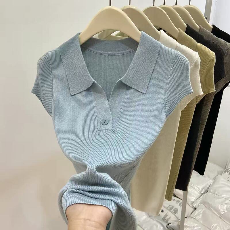 Retro Old Money Style Small V-Neck Polo Knit Shirt for Women, New Summer Style, Single-Button Turn-Down Collar Short-Sleeve T-Shirt, Regular Shoulder Top Retro Old Money Style Small V-Neck Polo Knit Shirt for Women, New Summer Style, Single-Button Turn-Down Collar Short-Sleeve T-Shirt, Regular Shoulder Top