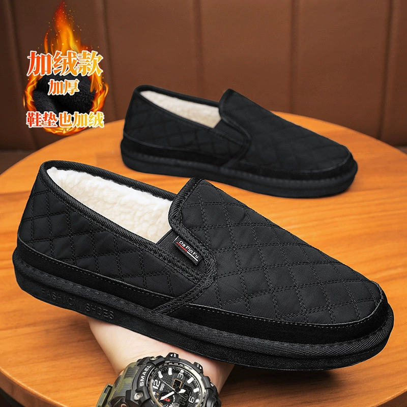 Хлопчатобумажные туфли мужской зимний 2023 новый бархат утолщенный нескользкий один педаль старая пекинская тканевая обувь теплая водонепроницаемая открывная обувь