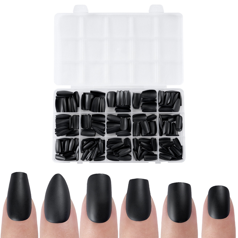 Cross-Border Hot-Selling Pure Black Matte Manicure with Tools, Pure Color Nails, Light and Thin, Foldable, Traceless, No Engraving, Almond