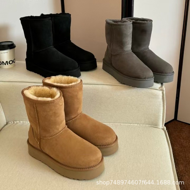 河南桑坡新款女皮毛一体加厚羊毛厚底松糕增高5825经典中筒雪地靴|undefined