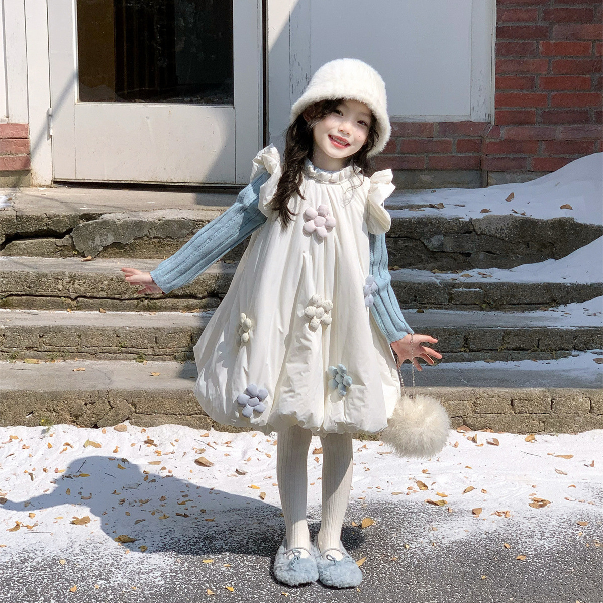 2025冬季新款 女童洋气花边花朵夹棉背心裙+毛线针织打底衫两件套