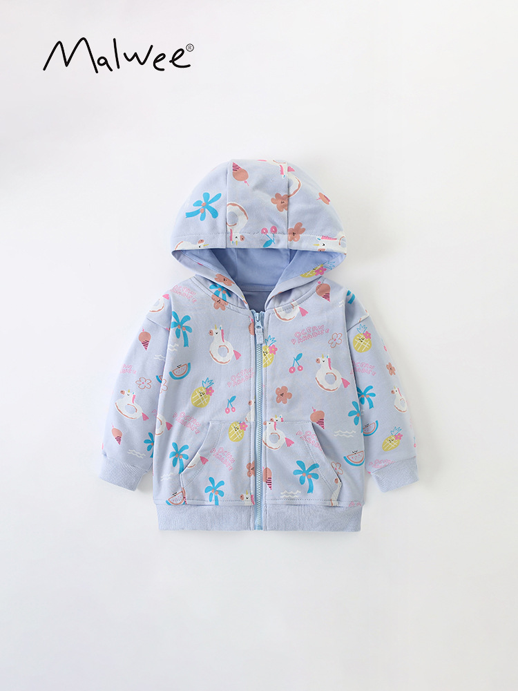 Malwee chaqueta infantil de otoño nuevo estilo europeo y americano de impresión casual para niños con sombrero con cremallera chaqueta de estilo occidental