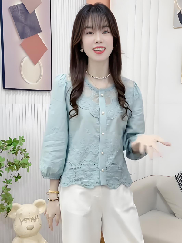 时髦洋气刺绣衬衫女蕾丝拼接圆领上衣秋季爆款气质外贸七分袖小衫|undefined