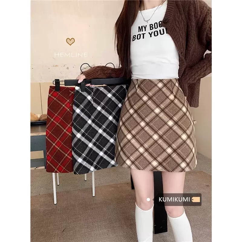 格子A字半身裙女2025秋冬季新款高腰毛呢小个子包臀休闲大码短裙