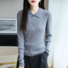 秋冬新款100纯羊毛长袖针织开衫外套女POLO领坑条修身打底衫毛衣