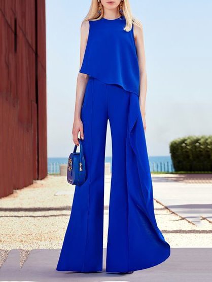 Mono irregular de mujer con pantalón de pierna ancha y chaleco largo con cadena, estilo europeo y americano, para comercio exterior 2024