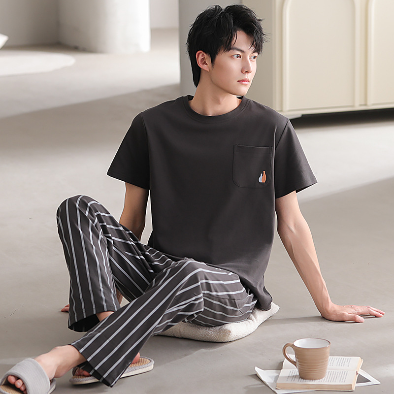 Pijamas de algodón masculino de primavera y otoño de manga larga de algodón de tamaño grande de otoño y invierno de ropa de casa para niños