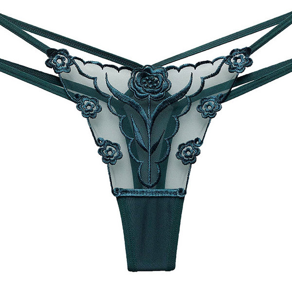 European and American Style Mesh Embroidery Panties, Sexy Hollow-Out Low-Waist Transparent Mesh Thong, Hot and Alluring Thin T-Back Panties