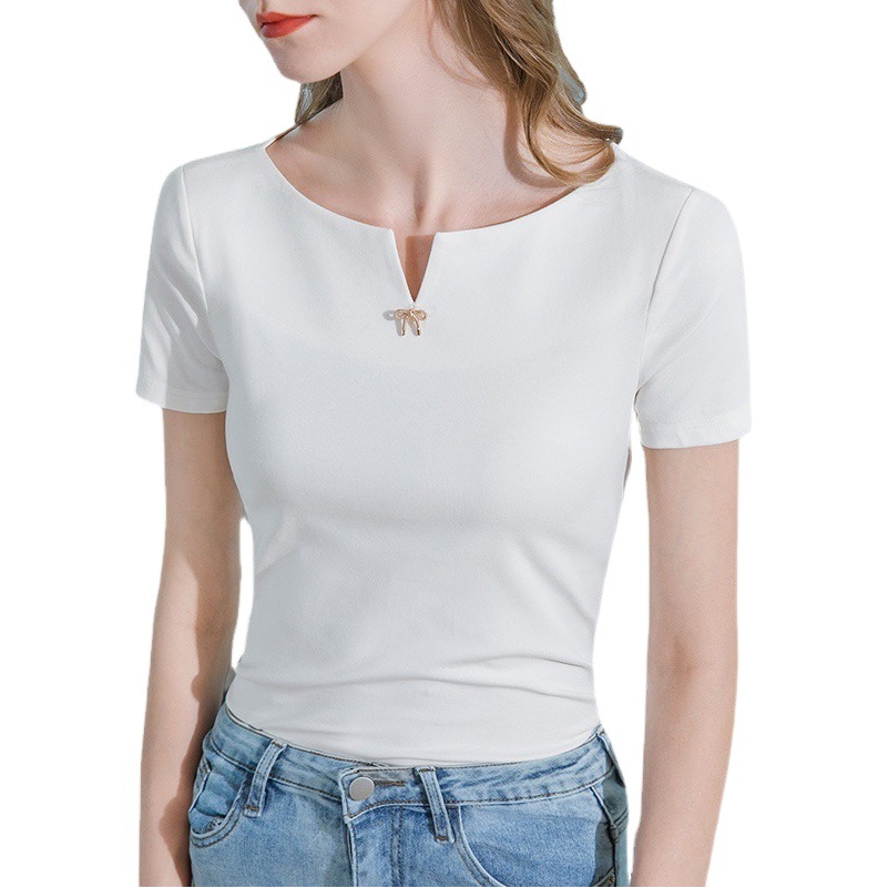 Camiseta de manga corta de las mujeres de verano 2023 nueva ropa de mujer pequeña V split fuera del hombro de algodón camiseta temperamento cintura-apretado image 1