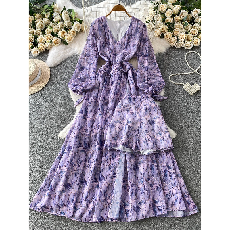 Women's French Style Chiffon Floral Print Dress Summer Korean Tie Waist Long Sleeve Slimming Maxi Dress Perfect With Leggings_ecoleips.com
