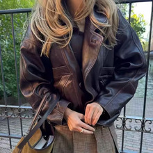 跨境欧美风女装新款美式复古街头甜酷做旧pu皮衣高级感夹克外套潮