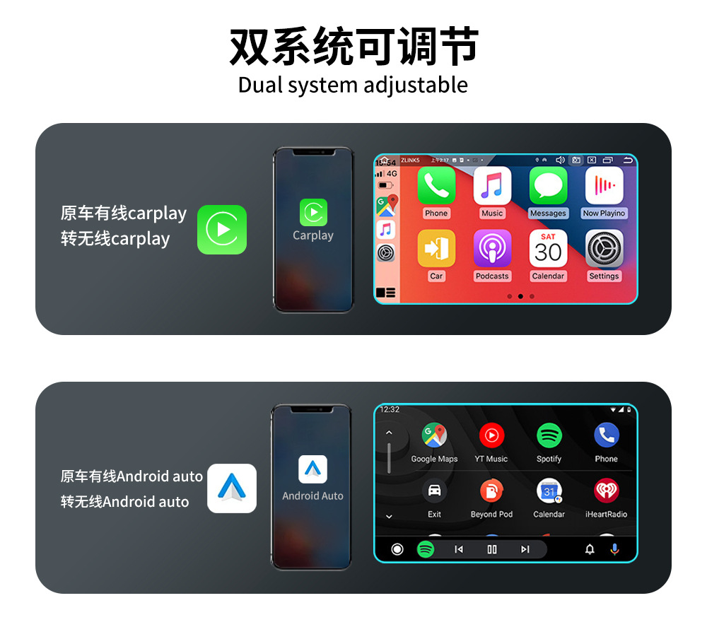 Private Model Cross-Border Hot-Selling Original Car Wired to Wireless Carplay & Android Auto Two-In-One Dual Channel Ai Box