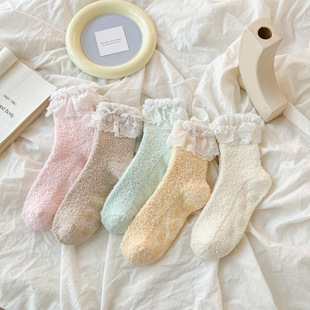 Coral Fleece Lace Women's Socks Lace Sweet Girl Sleeping Socks fleece-lined Thickened Warm Home Floor Socks