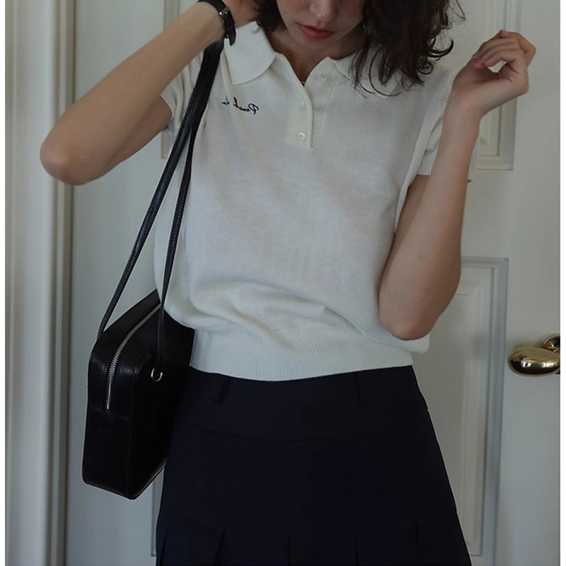 American Retro Polo Collar Right Shoulder Short-Sleeved T-Shirt for Women 2025 Summer New Knitwear Thin Top Short Style