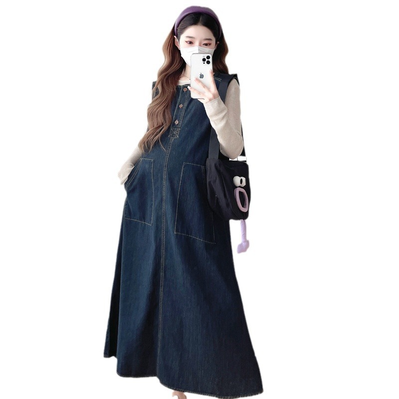 임산부 옷 가을 드레스 트렌디 엄마 유행 새로운 스타일 서양 스타일 나이 감소 데님 오버올 드레스 임신 투피스 슈트