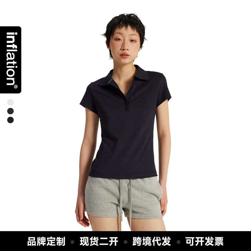 Jie Zhan Women's Clothing | Regular Shoulder Short-Sleeve Polo Shirt 26 Spring/Summer American Style Spicy Girl Slim-Fit Sports Base Layer Turn-Down Collar T-Shirt.