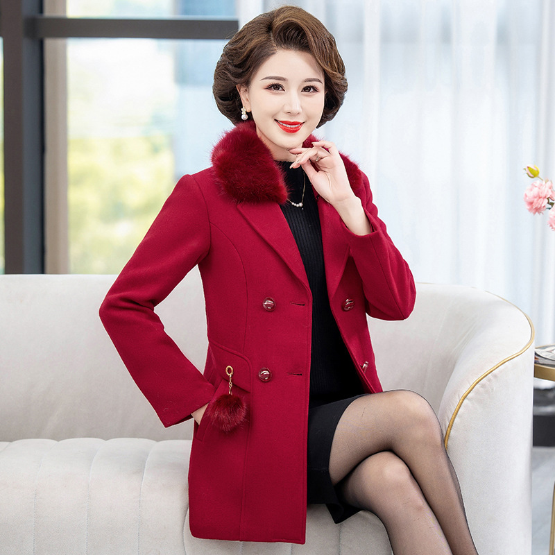 Autumn and winter woolen coat women's long large fur collar 2024 winter middle-aged mother woolen fur collar coat wholesale