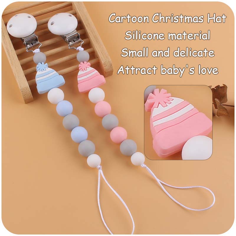 Nuevo bebé suministros chupete cadena bebé creativo de dibujos animados sombrero de Navidad silicona mordida pegamento anti-gota cadena