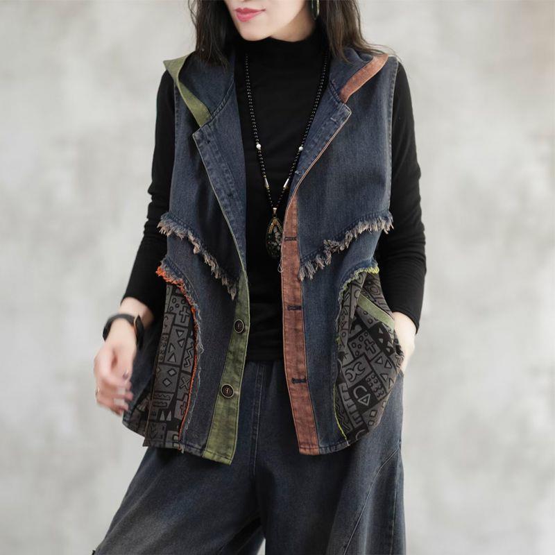Hooded Denim Vest for Women 2025 New Autum Splicing Loose Literary Retro Zipper Double Flap Pocket Pants Washed Vest