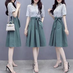 Striped Light and Mature Two-Piece Dress Shirt Summer Collar New Fashion Splicing Temperament Short-Sleeved Waist European Goods for Women