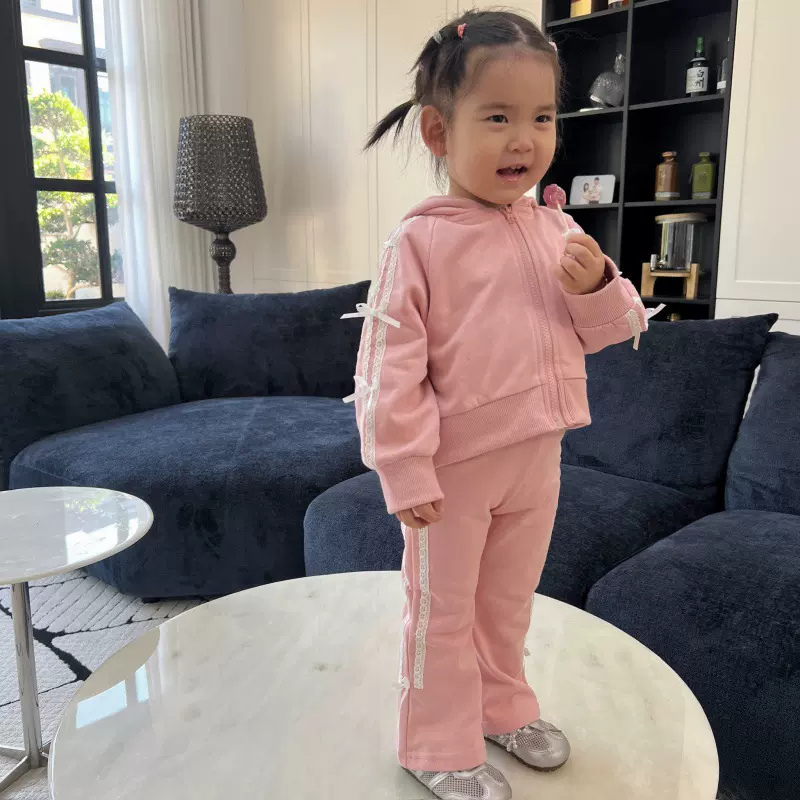 韩版童装2025新款秋季女童蝴蝶结连帽卫衣外套针织喇叭裤两件套潮