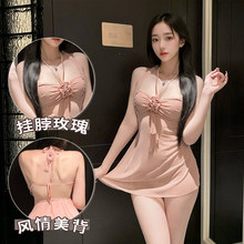 夜酥性感内衣女禁欲系服装纯欲透视玫瑰挂脖睡裙制服睡衣套装qqny