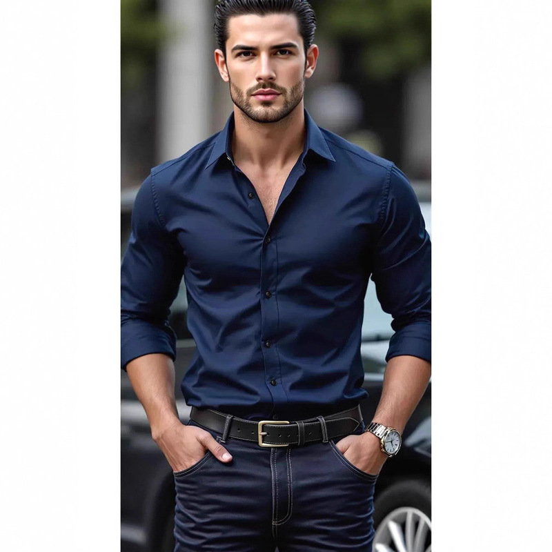European and American Tough Guy Style Tight-Fitting Shirt Men's Slim Fit No-Iron Long-Sleeved Cardigan Glossy Reflective Casual Work Shirt Trendy