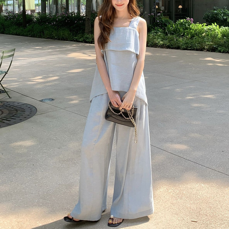 蓝色高级感无袖背心套装女2025夏季新款气质慵懒休闲阔腿裤两件套|undefined