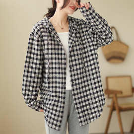 实拍格纹衬衫女连帽抽绳文艺气质休闲宽松大码百搭显瘦秋季衬衣女