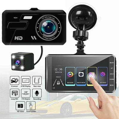 High-definition dual-recording driving recorder 4-inch touch screen car recorder reversing image cross-mirror night vision (Driving recorder)